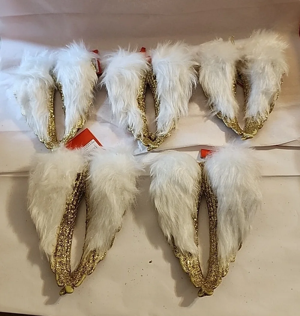 Angel Wings Gold Glitter White Faux Fur Trim Christmas Ornaments Set of 5